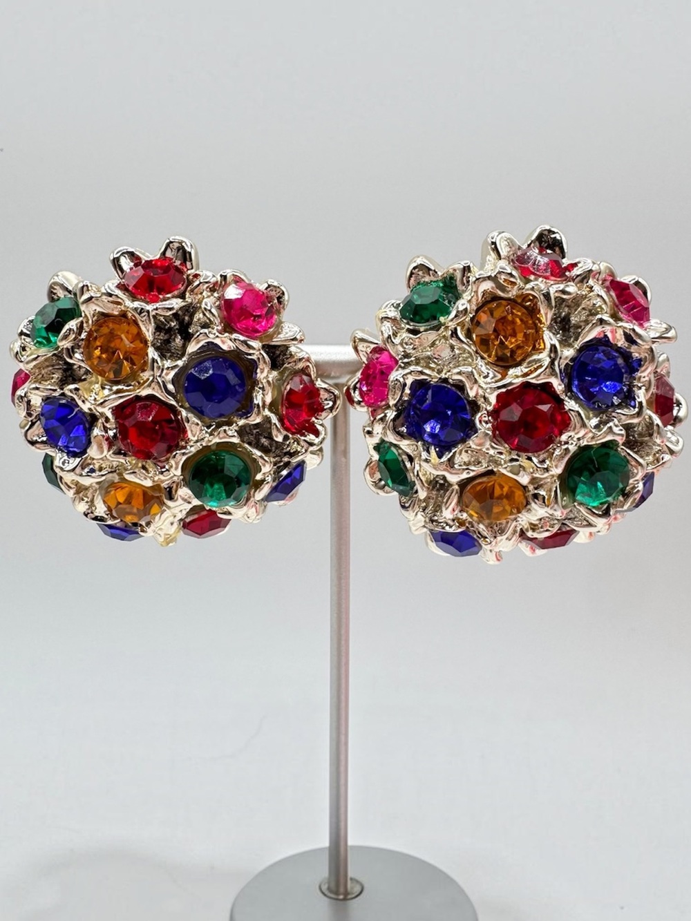 Vintage Retro Glam Maximalist Statement Clip On Earrings Multicolor Jewel Tone